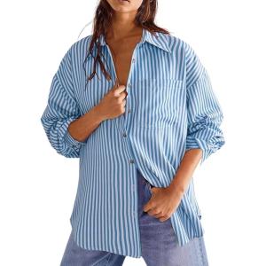 imageCHARTOU Womens Dressy Striped Button Up Shirts Collared Long Sleeve Blouse Casual V Neck Oversized TopsBlue