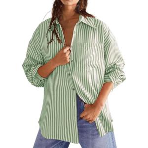 imageCHARTOU Womens Dressy Striped Button Up Shirts Collared Long Sleeve Blouse Casual V Neck Oversized TopsGreen