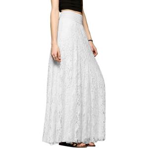 imageCHARTOU Womens Elegant Floral Lace Elastic High Waist Pleated Maxi Long Beach SkirtsWhite