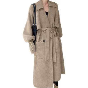 imageCHARTOU Womens Elegant Lapel Collar RibKnit Open Front Cardigan Long Sweater Jacket OvercoatKhaki