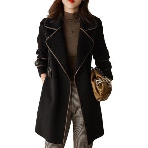 imageCHARTOU Womens Elegant Lapel Collar Wool Blend MidiLong Pea Coat Jacket with BeltBlack