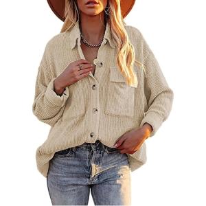 imageCHARTOU Womens Fall Casual Shacket Lightweight Long Sleeve Button Down Corduroy Shirt Jacket CoatApricot