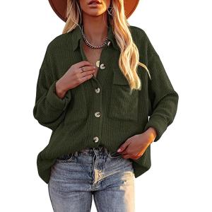 imageCHARTOU Womens Fall Casual Shacket Lightweight Long Sleeve Button Down Corduroy Shirt Jacket CoatArmy Green