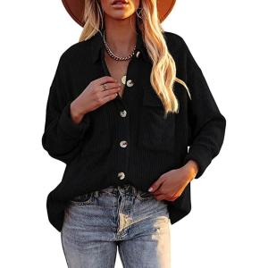 imageCHARTOU Womens Fall Casual Shacket Lightweight Long Sleeve Button Down Corduroy Shirt Jacket CoatBlack