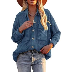 imageCHARTOU Womens Fall Casual Shacket Lightweight Long Sleeve Button Down Corduroy Shirt Jacket CoatBlue