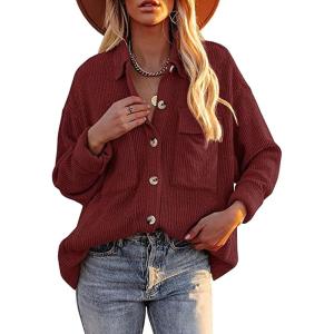 imageCHARTOU Womens Fall Casual Shacket Lightweight Long Sleeve Button Down Corduroy Shirt Jacket CoatBurgundy
