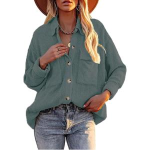 imageCHARTOU Womens Fall Casual Shacket Lightweight Long Sleeve Button Down Corduroy Shirt Jacket CoatGrey