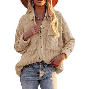 imageCHARTOU Womens Fall Casual Shacket Lightweight Long Sleeve Button Down Corduroy Shirt Jacket CoatKhaki