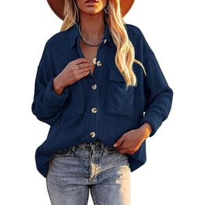 imageCHARTOU Womens Fall Casual Shacket Lightweight Long Sleeve Button Down Corduroy Shirt Jacket CoatNavy Blue