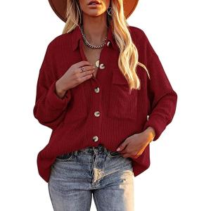 imageCHARTOU Womens Fall Casual Shacket Lightweight Long Sleeve Button Down Corduroy Shirt Jacket CoatRed