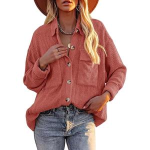 imageCHARTOU Womens Fall Casual Shacket Lightweight Long Sleeve Button Down Corduroy Shirt Jacket CoatWatermelon Red
