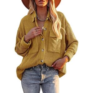 imageCHARTOU Womens Fall Casual Shacket Lightweight Long Sleeve Button Down Corduroy Shirt Jacket CoatYellow