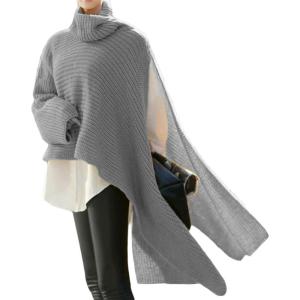 imageCHARTOU Womens Flowy Cowl Neck Asymmetric Knitted Cape Shawl Sweater PonchoGrey