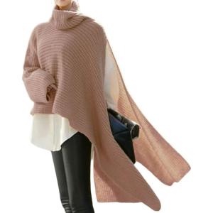 imageCHARTOU Womens Flowy Cowl Neck Asymmetric Knitted Cape Shawl Sweater PonchoPink