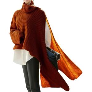 imageCHARTOU Womens Flowy Cowl Neck Asymmetric Knitted Cape Shawl Sweater PonchoRed