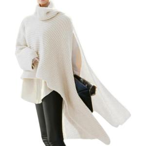 imageCHARTOU Womens Flowy Cowl Neck Asymmetric Knitted Cape Shawl Sweater PonchoWhite