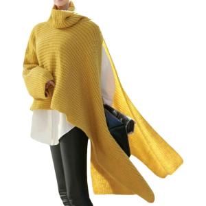 imageCHARTOU Womens Flowy Cowl Neck Asymmetric Knitted Cape Shawl Sweater PonchoYellow