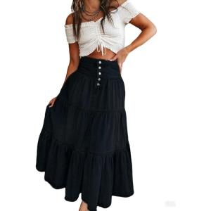 imageCHARTOU Womens High Waist Tiered Denim Maxi Skirt Ruffle Buttons Flowy Boho Pleated Long Jean SkirtsBlack
