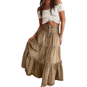 imageCHARTOU Womens High Waist Tiered Denim Maxi Skirt Ruffle Buttons Flowy Boho Pleated Long Jean SkirtsBrown