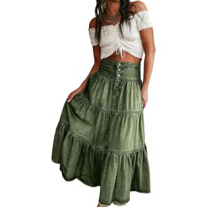 imageCHARTOU Womens High Waist Tiered Denim Maxi Skirt Ruffle Buttons Flowy Boho Pleated Long Jean SkirtsGreen