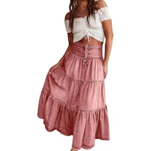 imageCHARTOU Womens High Waist Tiered Denim Maxi Skirt Ruffle Buttons Flowy Boho Pleated Long Jean SkirtsPink