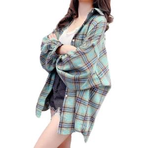 imageCHARTOU Womens Lightweight Loose Fit Lapel Collar Lantern Long Sleeve Plaid Shirt TopsGreen