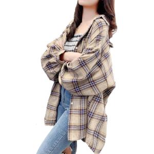 imageCHARTOU Womens Lightweight Loose Fit Lapel Collar Lantern Long Sleeve Plaid Shirt TopsKhaki