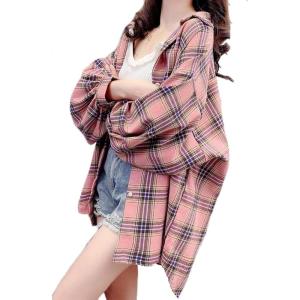 imageCHARTOU Womens Lightweight Loose Fit Lapel Collar Lantern Long Sleeve Plaid Shirt TopsPink