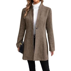 imageCHARTOU Womens Long Sleeve Casual Wool Jacket Blazer 1 Button Winter Coat MidLong Stand Collar Open Front OvercoatDark Khaki