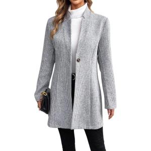 imageCHARTOU Womens Long Sleeve Casual Wool Jacket Blazer 1 Button Winter Coat MidLong Stand Collar Open Front OvercoatGrey