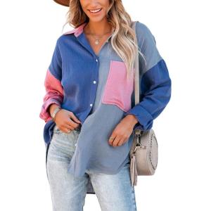 imageCHARTOU Womens Oversized Color Block Button Down Shirt Drop Long Sleeve Shirt BlouseBlue