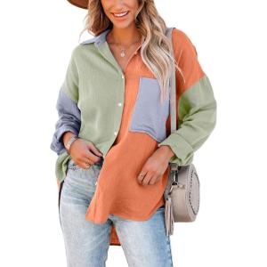 imageCHARTOU Womens Oversized Color Block Button Down Shirt Drop Long Sleeve Shirt BlouseGreen