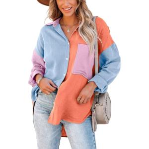 imageCHARTOU Womens Oversized Color Block Button Down Shirt Drop Long Sleeve Shirt BlouseOrange
