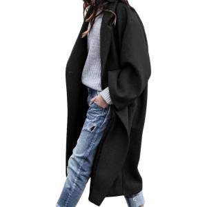 imageCHARTOU Womens Oversized Notched Collar Wool Blend Single Breast Midi Long Trench CoatBlack