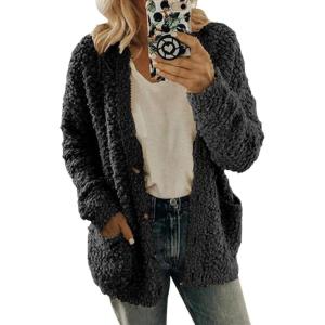 imageCHARTOU Womens Oversized Popcorn Long Sleeve Fuzzy Knit Open Front Cardigan Sweater CoatBlack