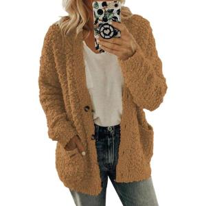imageCHARTOU Womens Oversized Popcorn Long Sleeve Fuzzy Knit Open Front Cardigan Sweater CoatCaramel