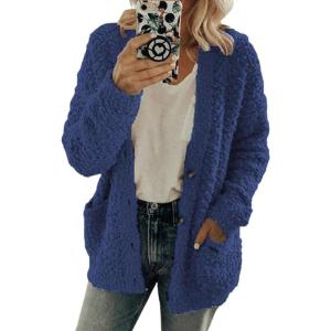 imageCHARTOU Womens Oversized Popcorn Long Sleeve Fuzzy Knit Open Front Cardigan Sweater CoatDark Blue
