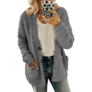 imageCHARTOU Womens Oversized Popcorn Long Sleeve Fuzzy Knit Open Front Cardigan Sweater CoatDark Grey