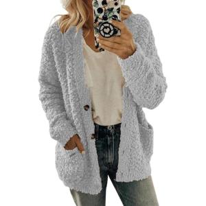 imageCHARTOU Womens Oversized Popcorn Long Sleeve Fuzzy Knit Open Front Cardigan Sweater CoatLight Grey