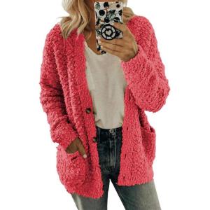 imageCHARTOU Womens Oversized Popcorn Long Sleeve Fuzzy Knit Open Front Cardigan Sweater CoatPink