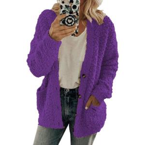 imageCHARTOU Womens Oversized Popcorn Long Sleeve Fuzzy Knit Open Front Cardigan Sweater CoatPurple