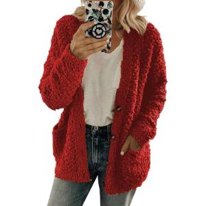imageCHARTOU Womens Oversized Popcorn Long Sleeve Fuzzy Knit Open Front Cardigan Sweater CoatRed