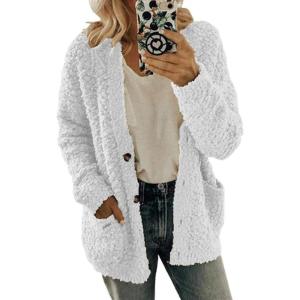 imageCHARTOU Womens Oversized Popcorn Long Sleeve Fuzzy Knit Open Front Cardigan Sweater CoatWhite