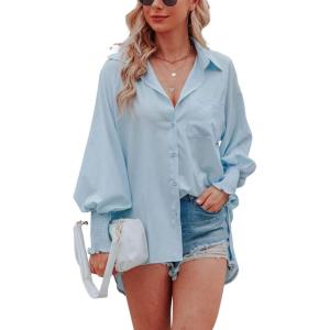 imageCHARTOU Womens Oversized Spread Collar Stripes Bishop Sleeve Sheer Blouse ShirtBlue