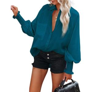 imageCHARTOU Womens Oversized Spread Collar Stripes Bishop Sleeve Sheer Blouse ShirtDark Blue