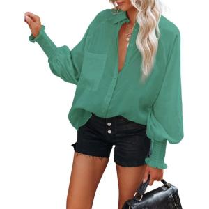 imageCHARTOU Womens Oversized Spread Collar Stripes Bishop Sleeve Sheer Blouse ShirtPea Green