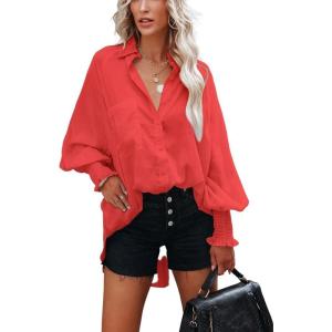 imageCHARTOU Womens Oversized Spread Collar Stripes Bishop Sleeve Sheer Blouse ShirtWatermelon