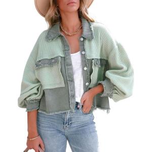 imageCHARTOU Womens Oversized Waffle Knit Shacket Cropped Color Block Jean Patchwork Blouse ShirtGreen