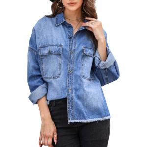imageCHARTOU Womens Spring Button Down Denim Shirt Long Sleeve V Neck Jean Blouse Casual Work TopsBlue