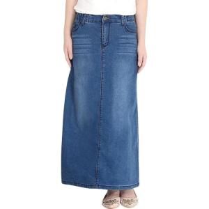 imageCHARTOU Womens Stretch Elastic High Waist Washed ALine Denim Jean Maxi Long SkirtLight Blue